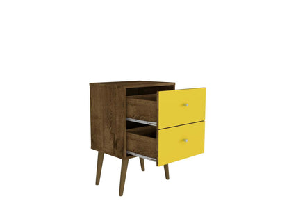 Manhattan Comfort Liberty Mid-Century Modern Nightstand with 2 Full Extension Drawers - Rustic Brown & Yellow|Table de nuit Liberty de Manhattan Comfort de style moderne du milieu du 20e siècle avec 2 tiroirs à extension complète - brun rustique et jaune