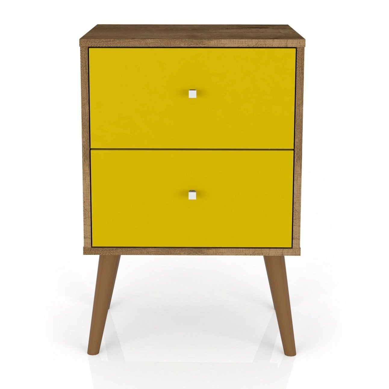 Manhattan Comfort Liberty Mid-Century Modern Nightstand with 2 Full Extension Drawers - Rustic Brown & Yellow|Table de nuit Liberty de Manhattan Comfort de style moderne du milieu du 20e siècle avec 2 tiroirs à extension complète - brun rustique et jaune