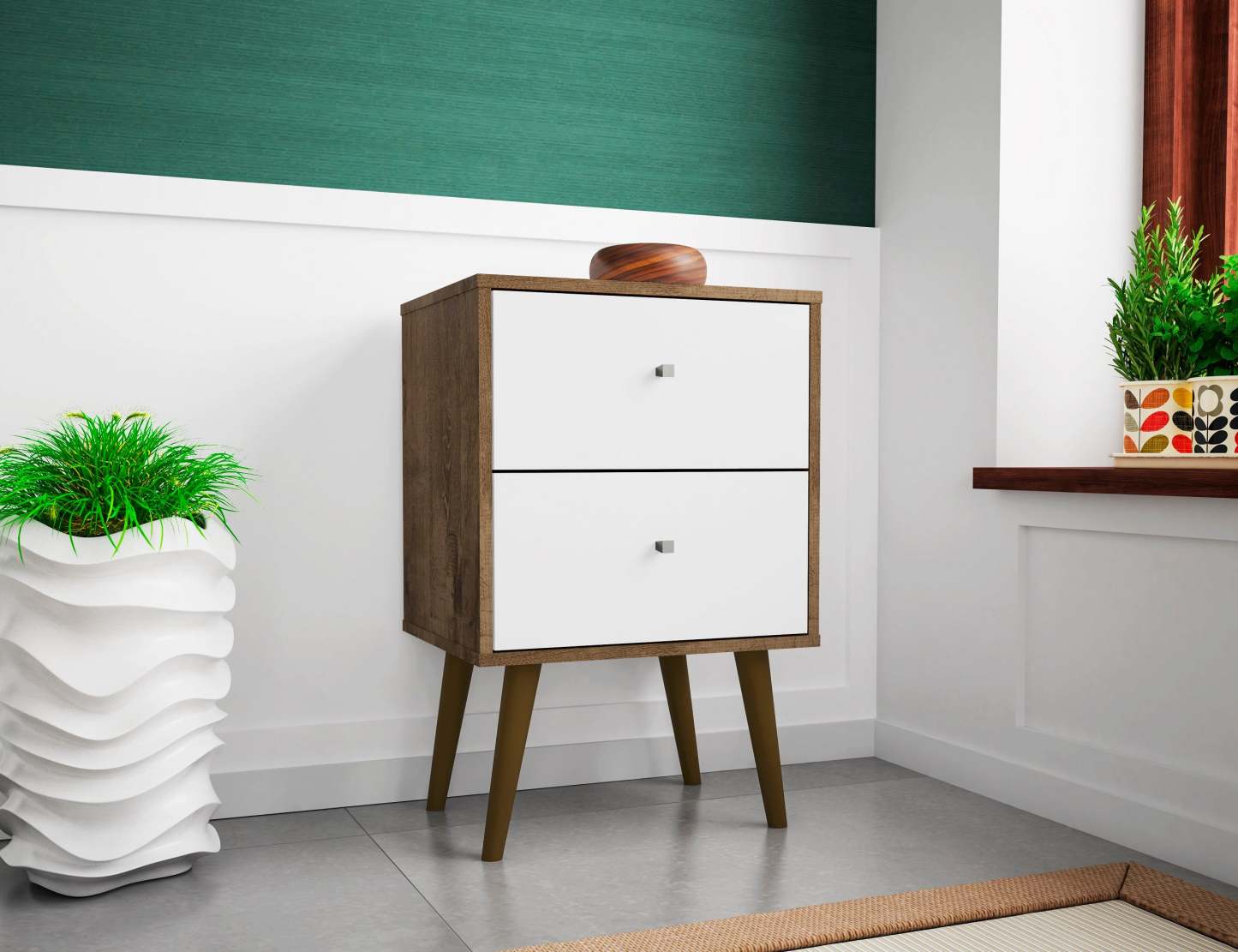 Manhattan Comfort Liberty Mid-Century Modern Nightstand with 2 Full Extension Drawers - Rustic Brown & White|Table de nuit Liberty de Manhattan Comfort de style moderne du milieu du 20e siècle avec 2 tiroirs à extension complète - brun rustique et blanc