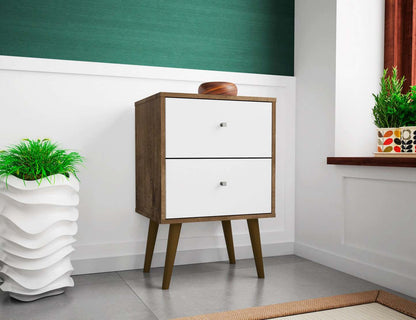 Manhattan Comfort Liberty Mid-Century Modern Nightstand with 2 Full Extension Drawers - Rustic Brown & White|Table de nuit Liberty de Manhattan Comfort de style moderne du milieu du 20e siècle avec 2 tiroirs à extension complète - brun rustique et blanc