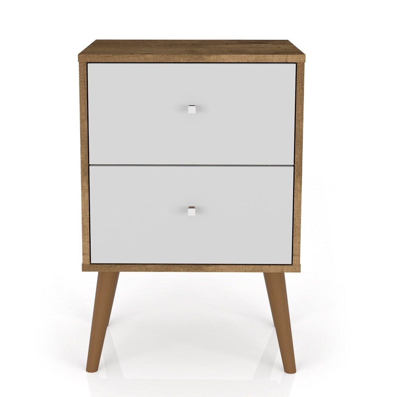 Manhattan Comfort Liberty Mid-Century Modern Nightstand with 2 Full Extension Drawers - Rustic Brown & White|Table de nuit Liberty de Manhattan Comfort de style moderne du milieu du 20e siècle avec 2 tiroirs à extension complète - brun rustique et blanc