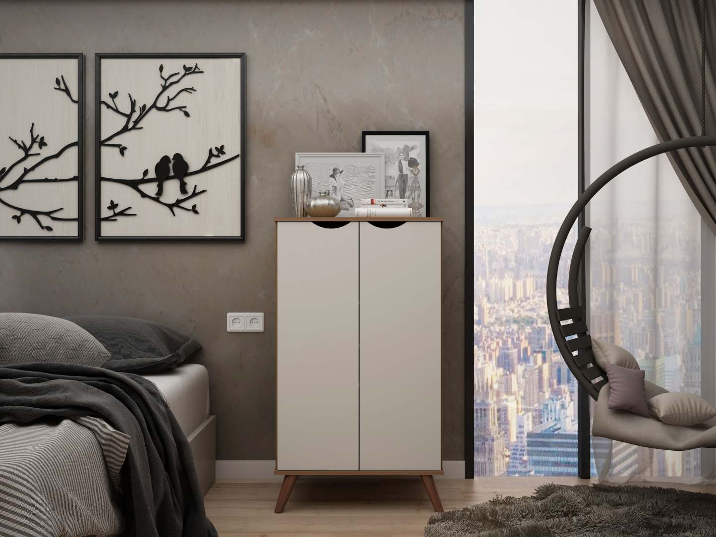 Manhattan Comfort Hampton Shoe Closet with 4 Shelves Solid Wood Legs - Off White|Armoire à chaussures Hampton de Manhattan Comfort avec 4 tablettes et pattes en bois massif - blanc cassé