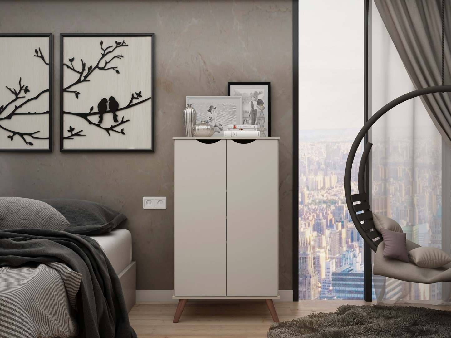 Manhattan Comfort Hampton Shoe Closet with 4 Shelves Solid Wood Legs - Off White &amp; Maple Cream|Armoire à chaussures Hampton de Manhattan Comfort avec 4 tablettes et pattes en bois massif - blanc cassé et crème d'érable