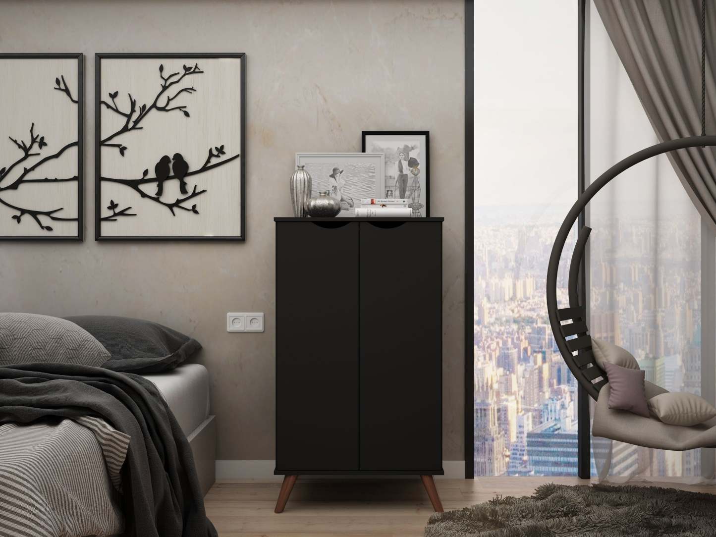 Manhattan Comfort Hampton Shoe Closet with 4 Shelves Solid Wood Legs - Black|Armoire à chaussures Hampton de Manhattan Comfort avec 4 tablettes et pattes en bois massif - noire