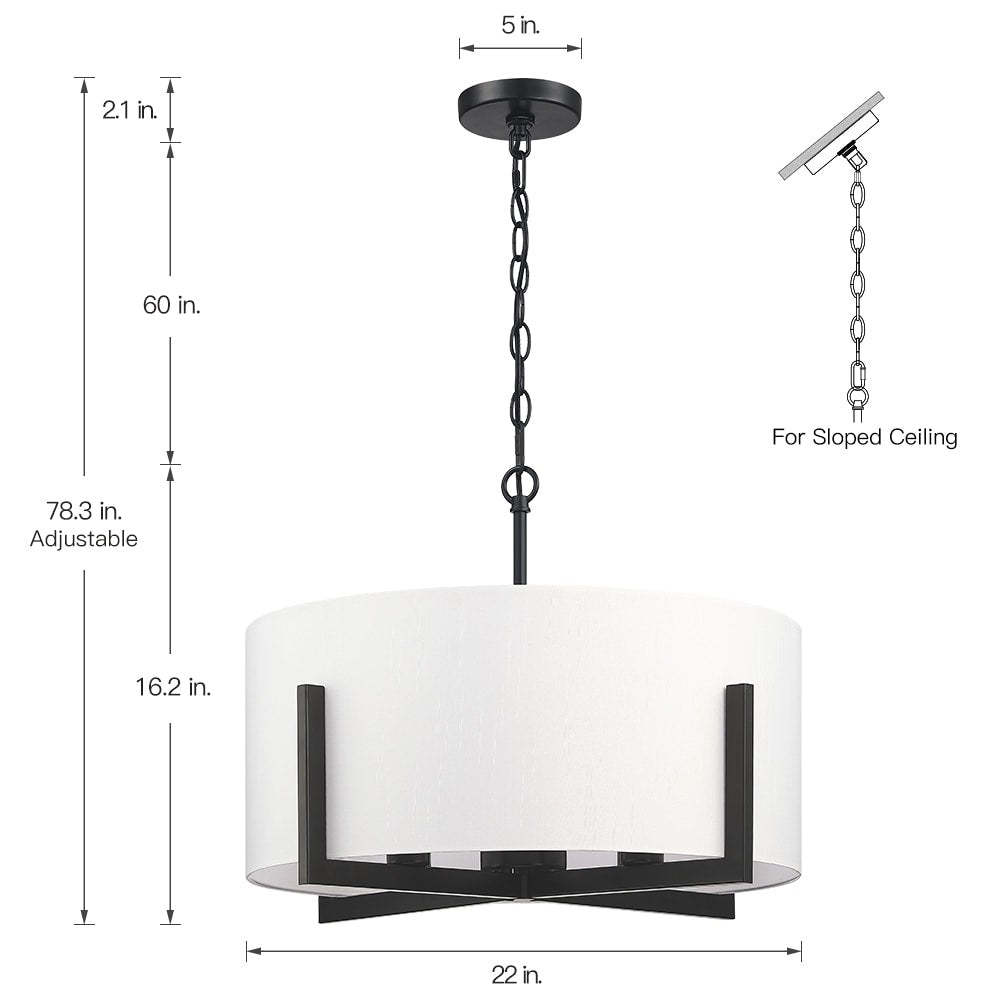 Lustre suspendu à 4 lumières noir mat de 56 cm (22 po) avec abat-jour cylindrique blanc - 22 W