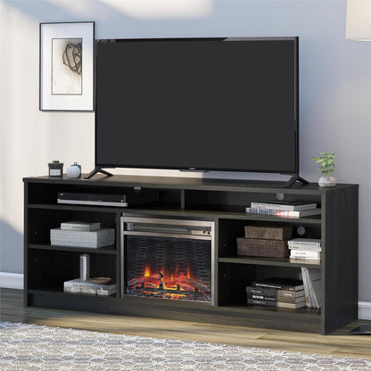 Meuble TV Ameriwood Home Hendrix 65 avec foyer électrique et étagères - Chêne noir|Meuble pour téléviseur Hendrix d'Ameriwood Home de 65 po avec foyer électrique et tablettes - chêne noir
