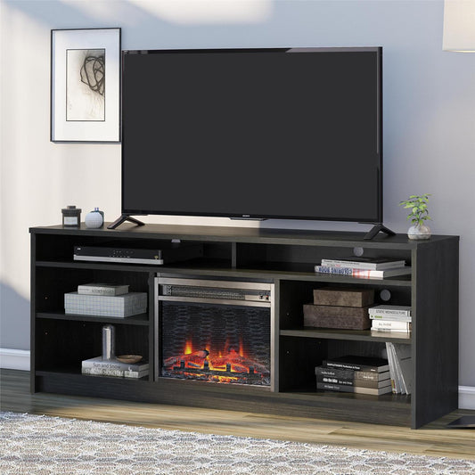 Meuble TV Ameriwood Home Hendrix 65 avec foyer électrique et étagères - Chêne noir|Meuble pour téléviseur Hendrix d'Ameriwood Home de 65 po avec foyer électrique et tablettes - chêne noir