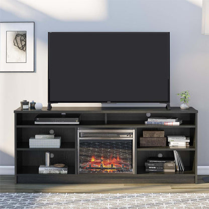 Meuble TV Ameriwood Home Hendrix 65 avec foyer électrique et étagères - Chêne noir|Meuble pour téléviseur Hendrix d'Ameriwood Home de 65 po avec foyer électrique et tablettes - chêne noir
