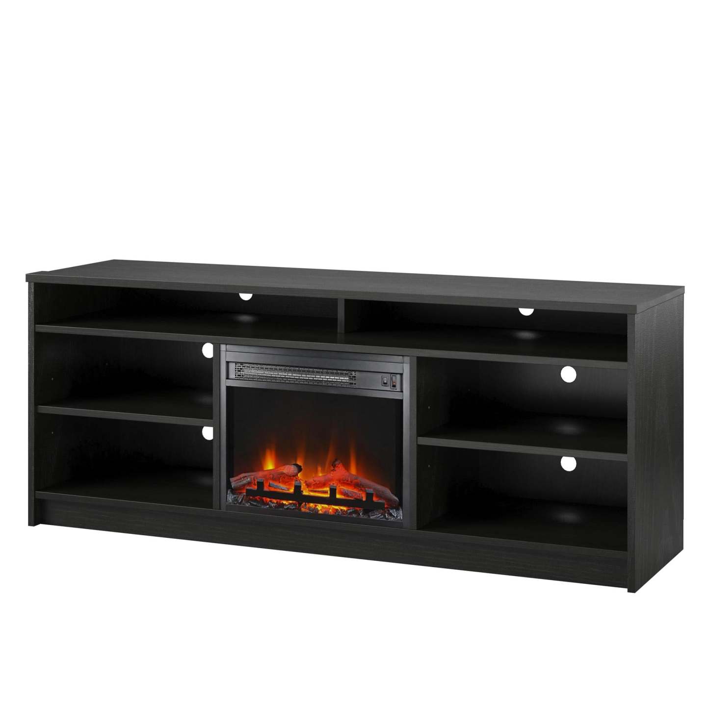 Meuble TV Ameriwood Home Hendrix 65 avec foyer électrique et étagères - Chêne noir|Meuble pour téléviseur Hendrix d'Ameriwood Home de 65 po avec foyer électrique et tablettes - chêne noir