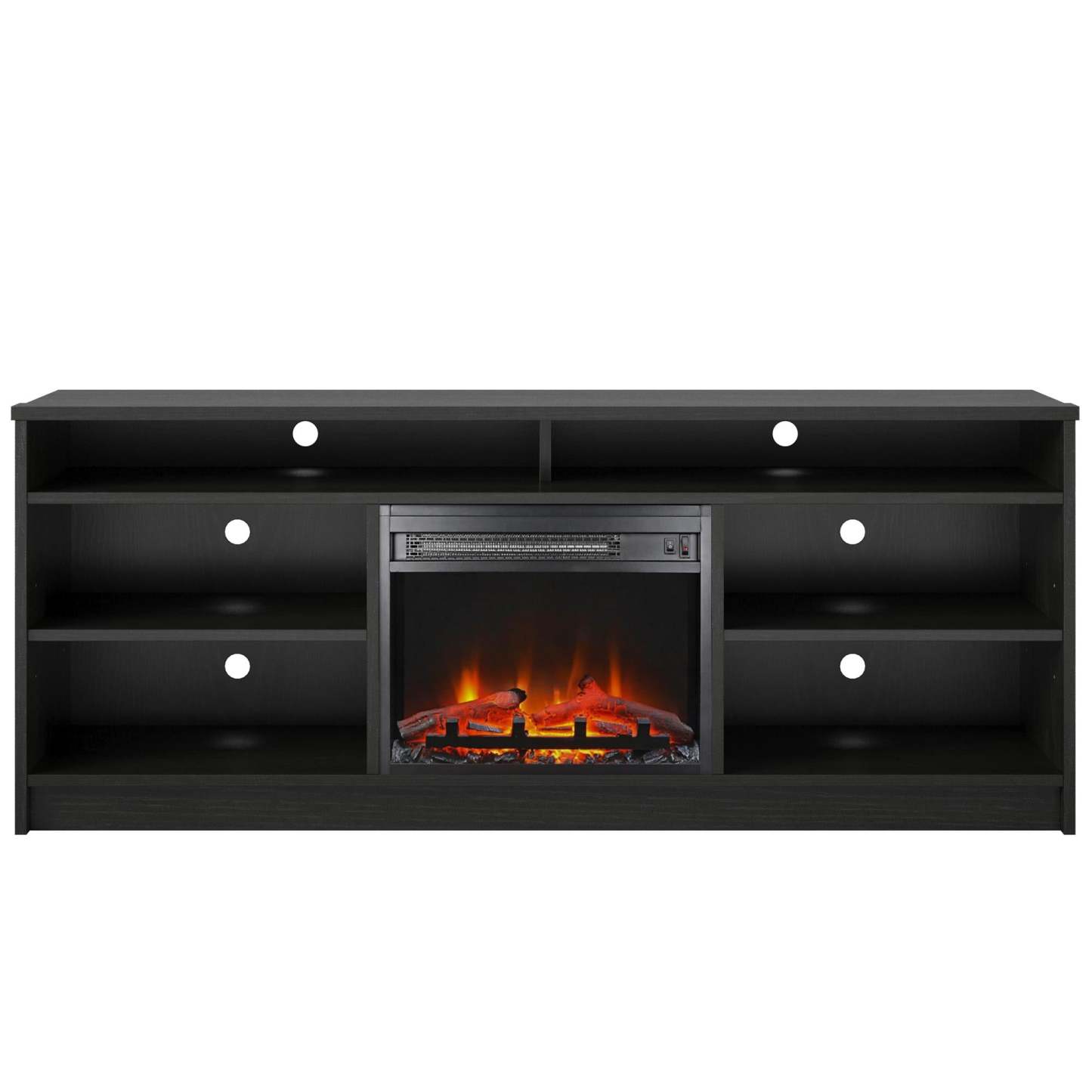 Meuble TV Ameriwood Home Hendrix 65 avec foyer électrique et étagères - Chêne noir|Meuble pour téléviseur Hendrix d'Ameriwood Home de 65 po avec foyer électrique et tablettes - chêne noir