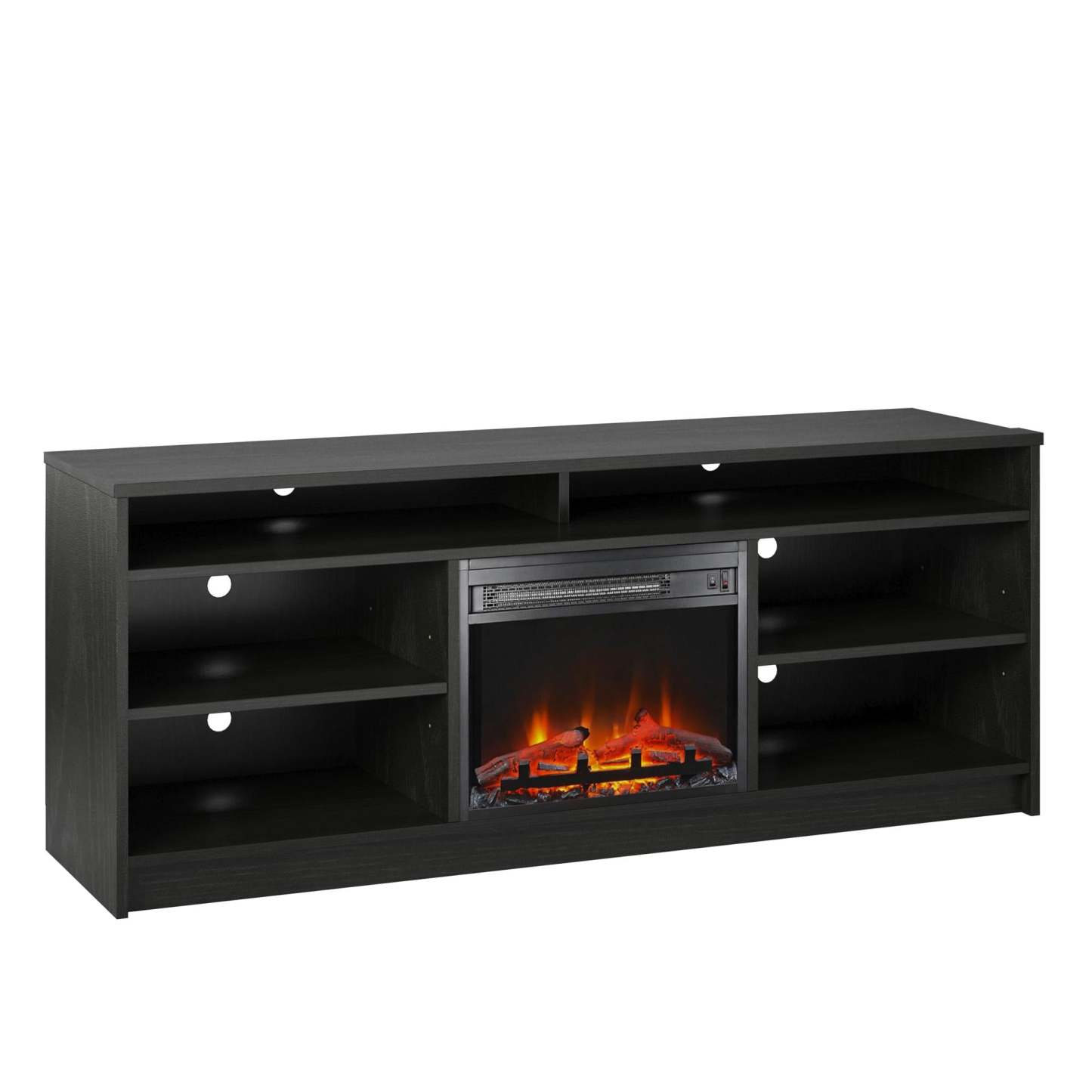 Meuble TV Ameriwood Home Hendrix 65 avec foyer électrique et étagères - Chêne noir|Meuble pour téléviseur Hendrix d'Ameriwood Home de 65 po avec foyer électrique et tablettes - chêne noir