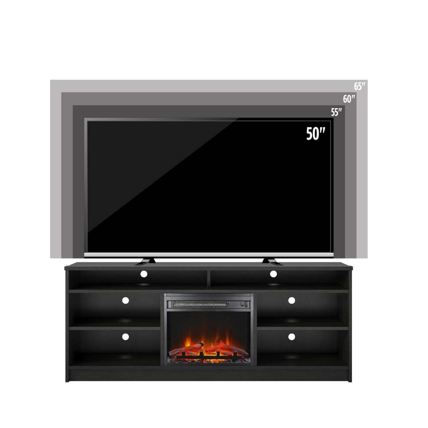 Meuble TV Ameriwood Home Hendrix 65 avec foyer électrique et étagères - Chêne noir|Meuble pour téléviseur Hendrix d'Ameriwood Home de 65 po avec foyer électrique et tablettes - chêne noir