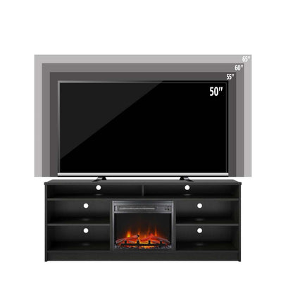 Meuble TV Ameriwood Home Hendrix 65 avec foyer électrique et étagères - Chêne noir|Meuble pour téléviseur Hendrix d'Ameriwood Home de 65 po avec foyer électrique et tablettes - chêne noir