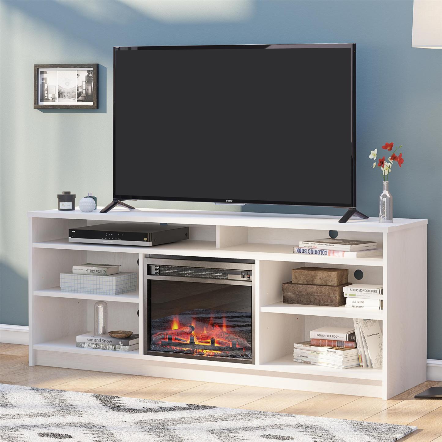 Meuble TV Ameriwood Home Hendrix 65 avec foyer électrique et étagères - Chêne ivoire|Meuble pour téléviseur Hendrix d'Ameriwood Home de 65 po avec foyer électrique et tablettes - chêne ivoire
