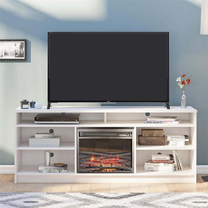 Meuble TV Ameriwood Home Hendrix 65 avec foyer électrique et étagères - Chêne ivoire|Meuble pour téléviseur Hendrix d'Ameriwood Home de 65 po avec foyer électrique et tablettes - chêne ivoire