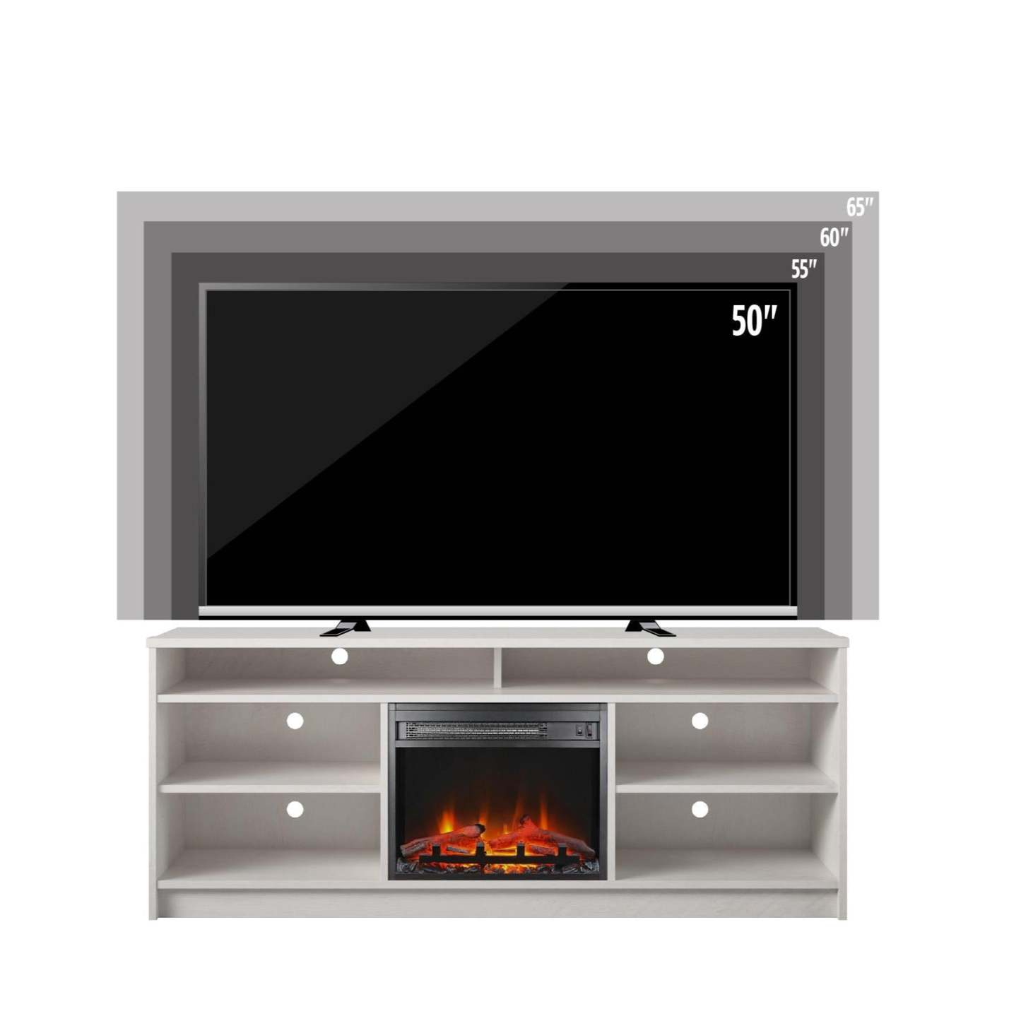 Meuble TV Ameriwood Home Hendrix 65 avec foyer électrique et étagères - Chêne ivoire|Meuble pour téléviseur Hendrix d'Ameriwood Home de 65 po avec foyer électrique et tablettes - chêne ivoire
