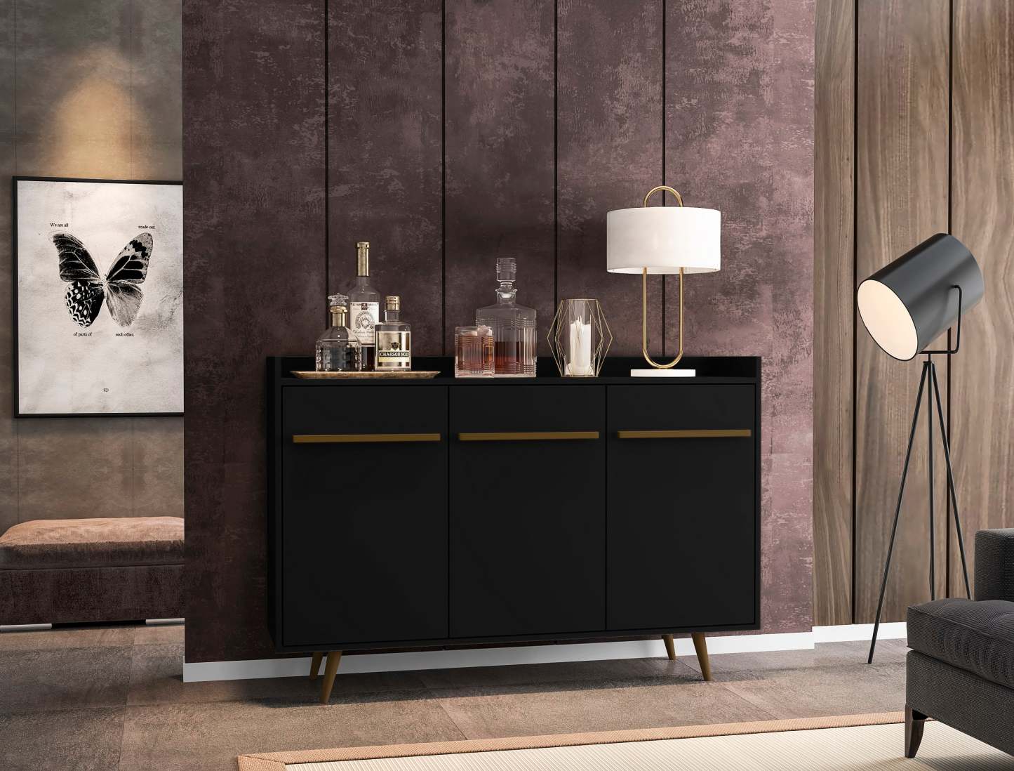 Manhattan Comfort Bradley 53,54" Buffet Stand avec 4 étagères - Noir|Buffet Bradley de Manhattan Comfort de 53,54 po avec 4 tablettes - noir