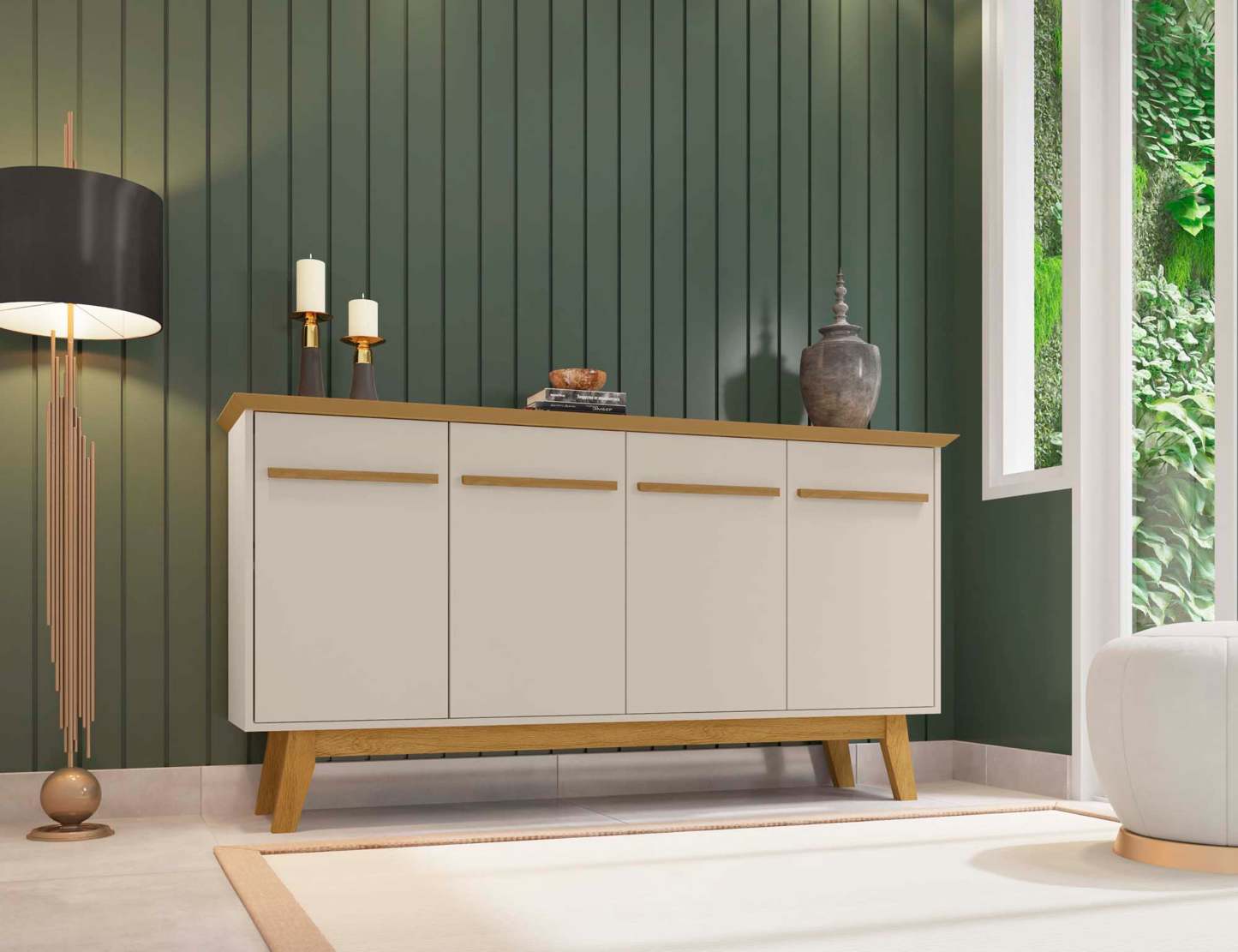 Manhattan Comfort Yonkers 62.99" Buffet avec pieds en bois massif et 2 armoires - Buffet blanc cassé et cannelle|Desserte Yonkers de Manhattan Comfort de 62,99 po avec pattes en bois massif et 2 armoires - blanc cassé et cannelle