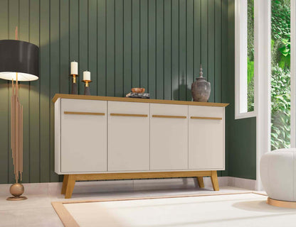 Manhattan Comfort Yonkers 62.99" Buffet avec pieds en bois massif et 2 armoires - Buffet blanc cassé et cannelle|Desserte Yonkers de Manhattan Comfort de 62,99 po avec pattes en bois massif et 2 armoires - blanc cassé et cannelle