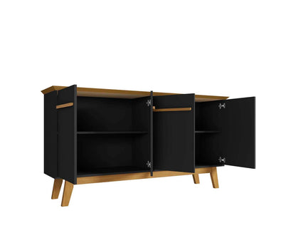 Manhattan Comfort Yonkers 62,99" Buffet avec pieds en bois massif et 2 armoires - Noir et cannelle|Desserte Yonkers de Manhattan Comfort de 62,99 po avec pattes en bois massif et 2 armoires - noire et cannelle