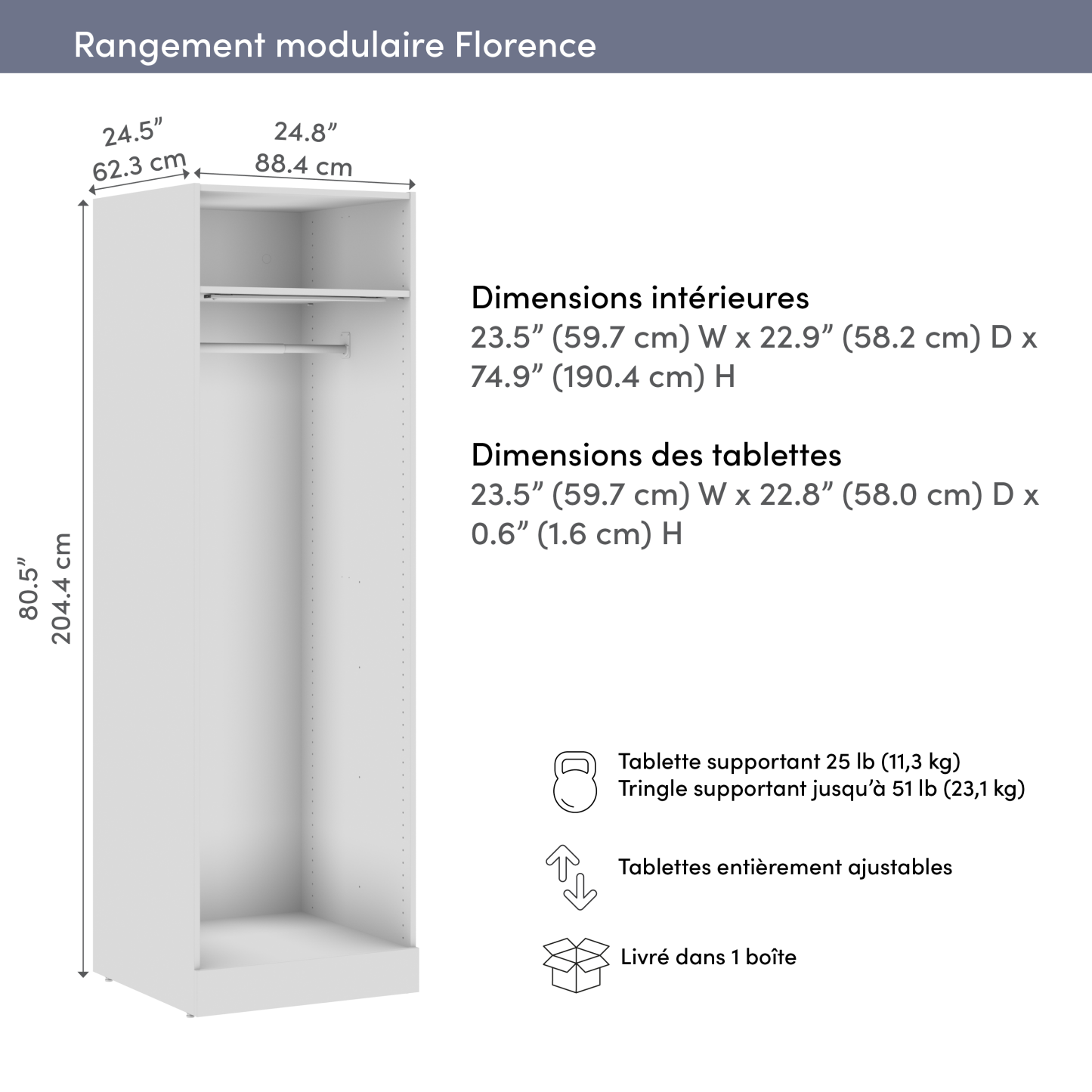 Système de garde-robe modulaire à espace pour suspendre Florence de Bestar de 25 po avec éclairage à DEL et tablette - blanc