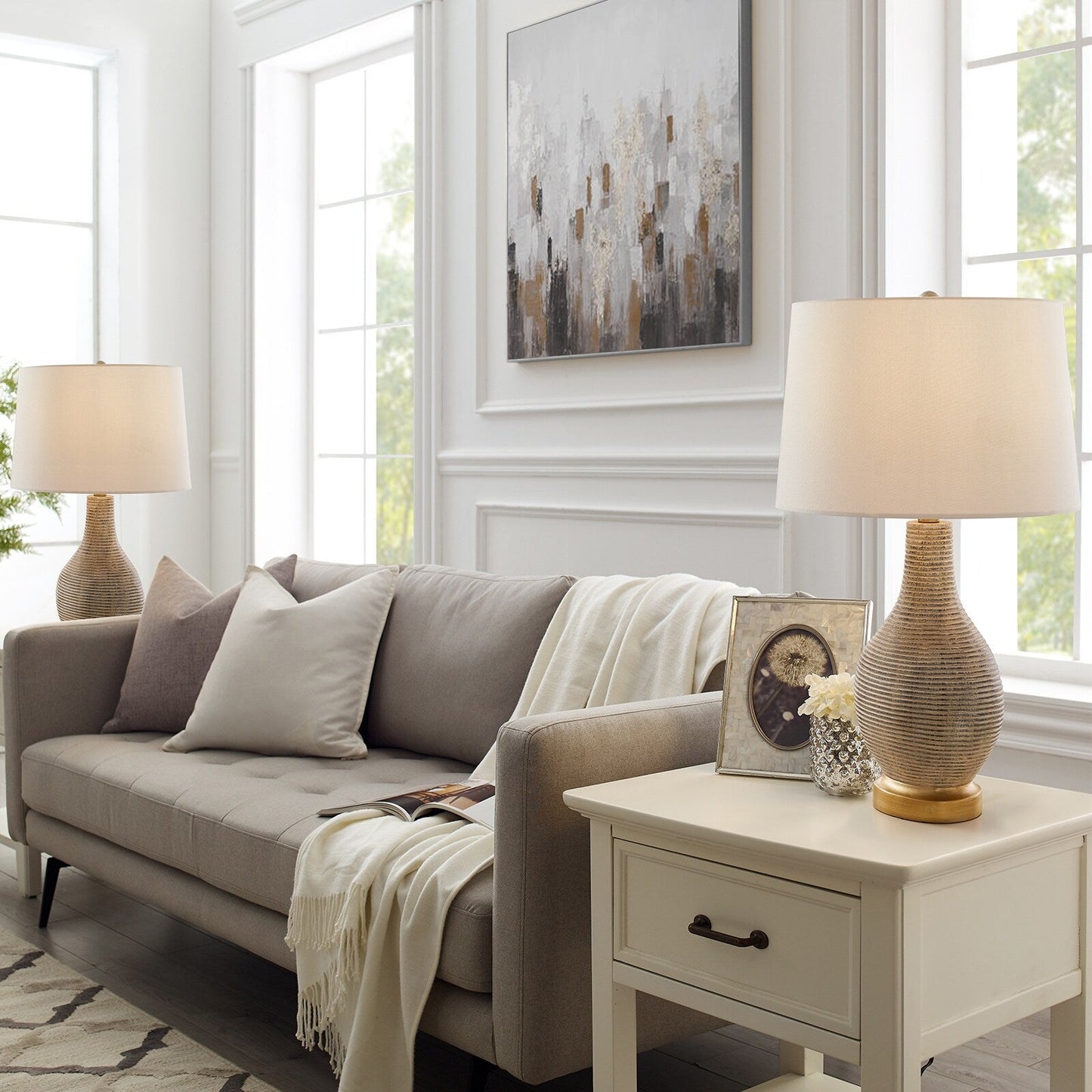 Lampe de table style ferme beige délavé/doré, 62 cm (lot de 2), abat-jour en lin blanc - 62 cm (24,5 po) de hauteur