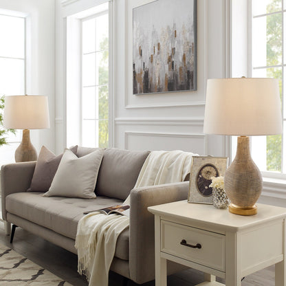 Lampe de table style ferme beige délavé/doré, 62 cm (lot de 2), abat-jour en lin blanc - 62 cm (24,5 po) de hauteur