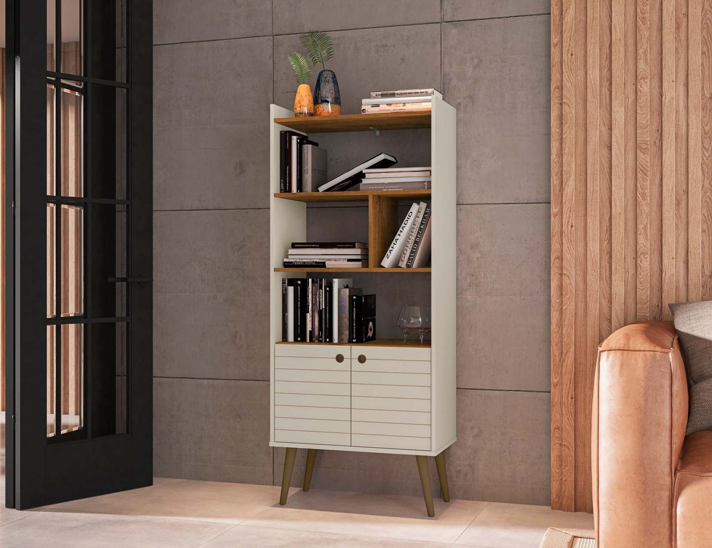 Manhattan Comfort Bogart 62.6 Mid-Century Modern Bookcase - Off-White &amp; Natural|Bibliothèque Bogart de Manhattan Comfort de 62,6 po de style moderne du milieu du 20e siècle - blanc cassé et naturel