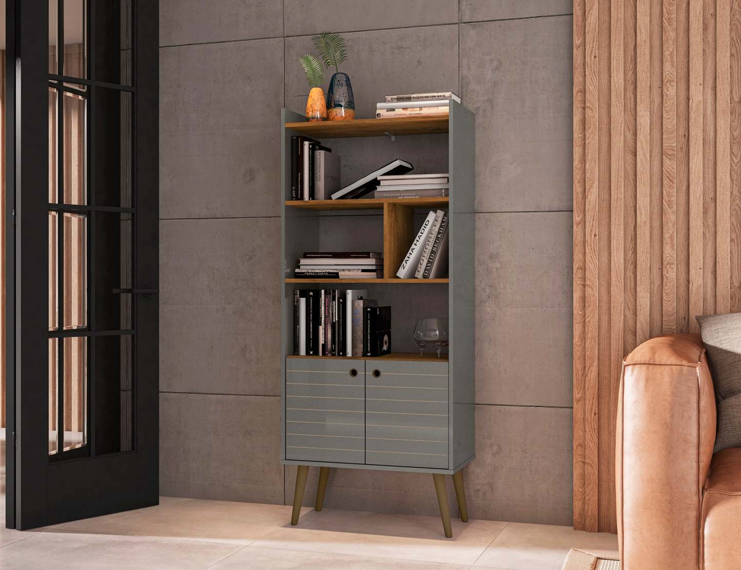 Manhattan Comfort Bogart 62.6 Mid-Century Modern Bookcase - Grey &amp; Natural|Bibliothèque Bogart de Manhattan Comfort de 62,6 po de style moderne du milieu du 20e siècle - grise et naturelle