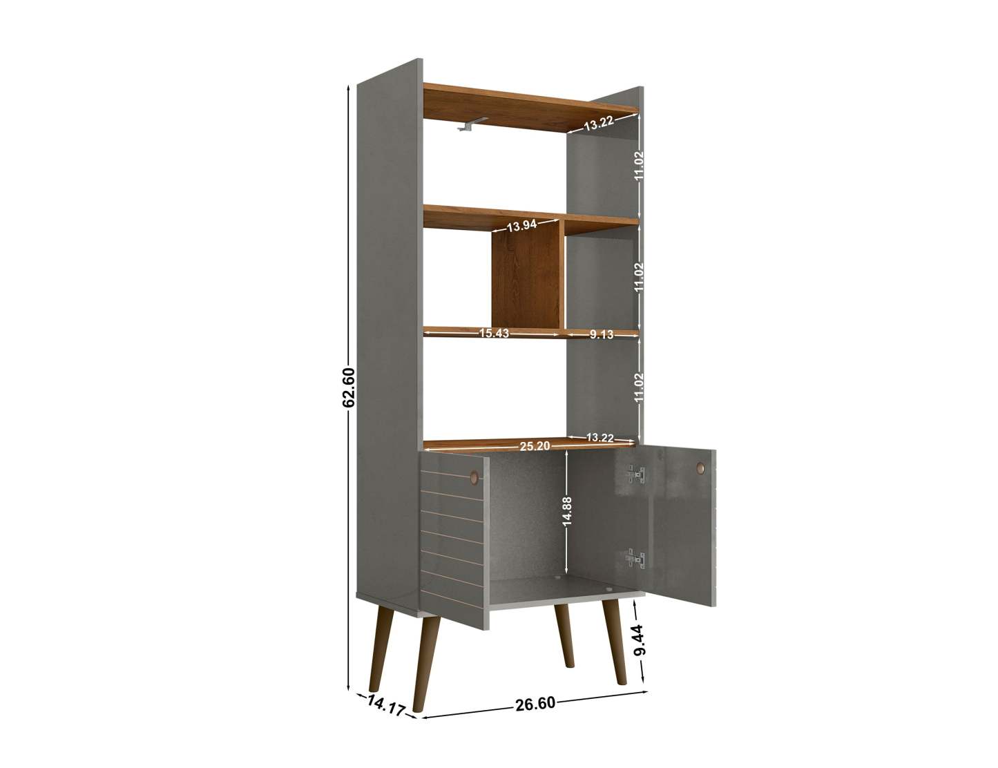 Manhattan Comfort Bogart 62.6 Mid-Century Modern Bookcase - Grey &amp; Natural|Bibliothèque Bogart de Manhattan Comfort de 62,6 po de style moderne du milieu du 20e siècle - grise et naturelle