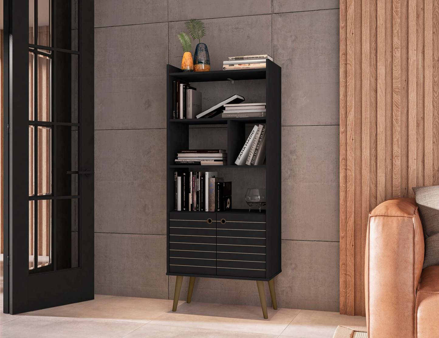 Manhattan Comfort Bogart 62.6 Mid-Century Modern Bookcase - Black &amp; Natural|Bibliothèque Bogart de Manhattan Comfort de 62,6 po de style moderne du milieu du 20e siècle - noire et naturelle