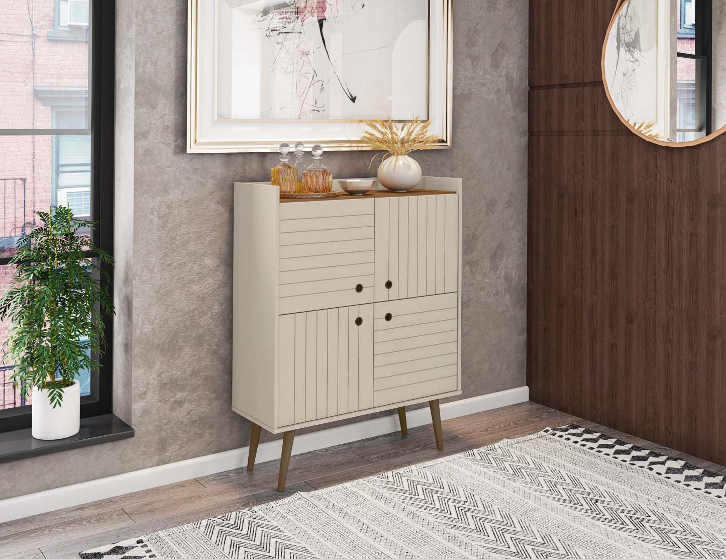 Manhattan Comfort Bogart Mid-Century Modern Accent Cabinet - Off-White &amp; Natural|Armoire décorative Bogart de Manhattan Comfort de style moderne du milieu du 20e siècle - blanc cassé et naturel