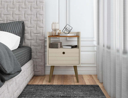 Manhattan Comfort Bogart Mid-Century Modern Nightstand - Off-white &amp; Natural|Table de nuit Bogart de Manhattan Comfort de style moderne du milieu du 20e siècle - blanc cassé et naturel
