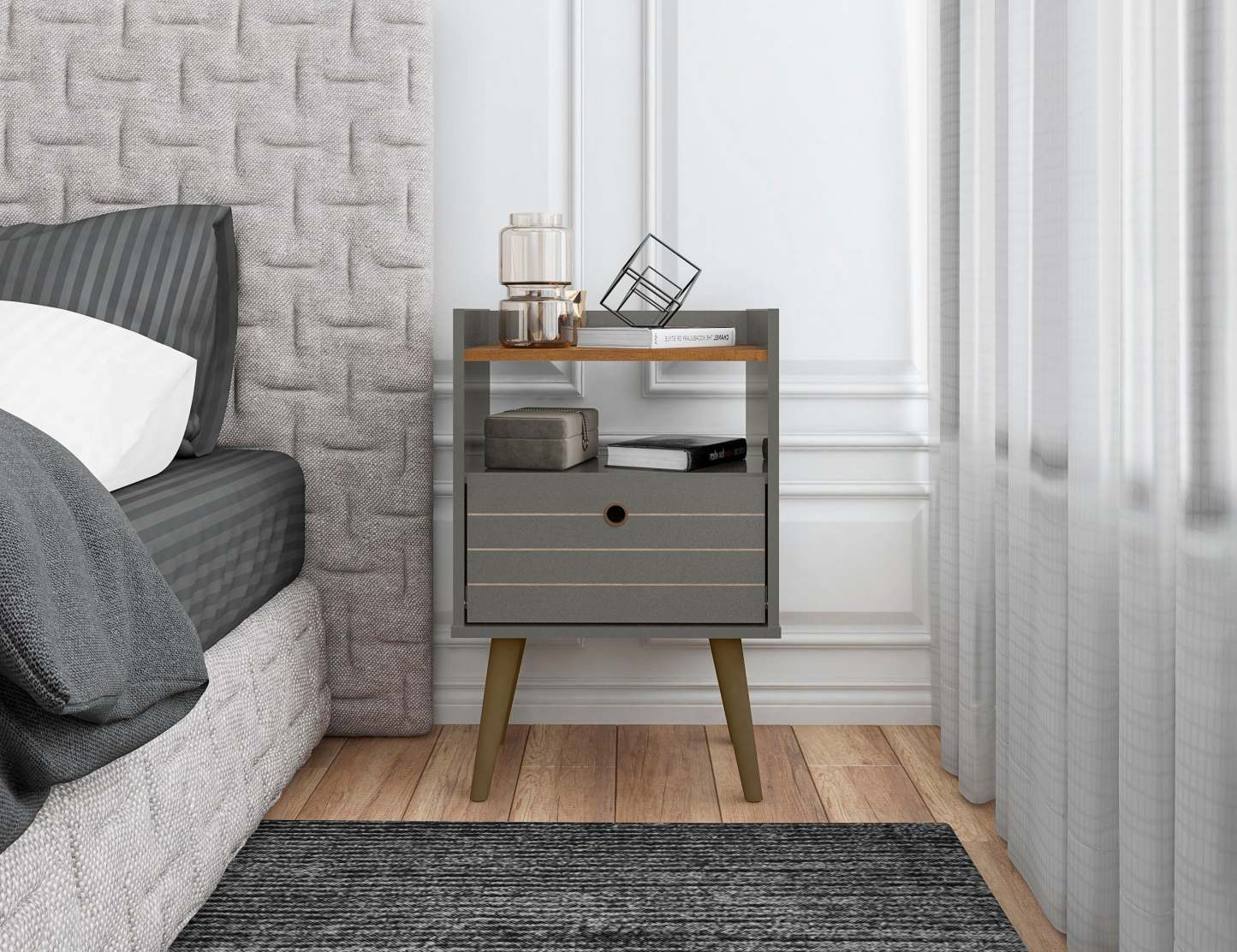 Manhattan Comfort Bogart Mid-Century Modern Nightstand - Grey &amp; Natural|Table de nuit Bogart de Manhattan Comfort de style moderne du milieu du 20e siècle - grise et naturelle