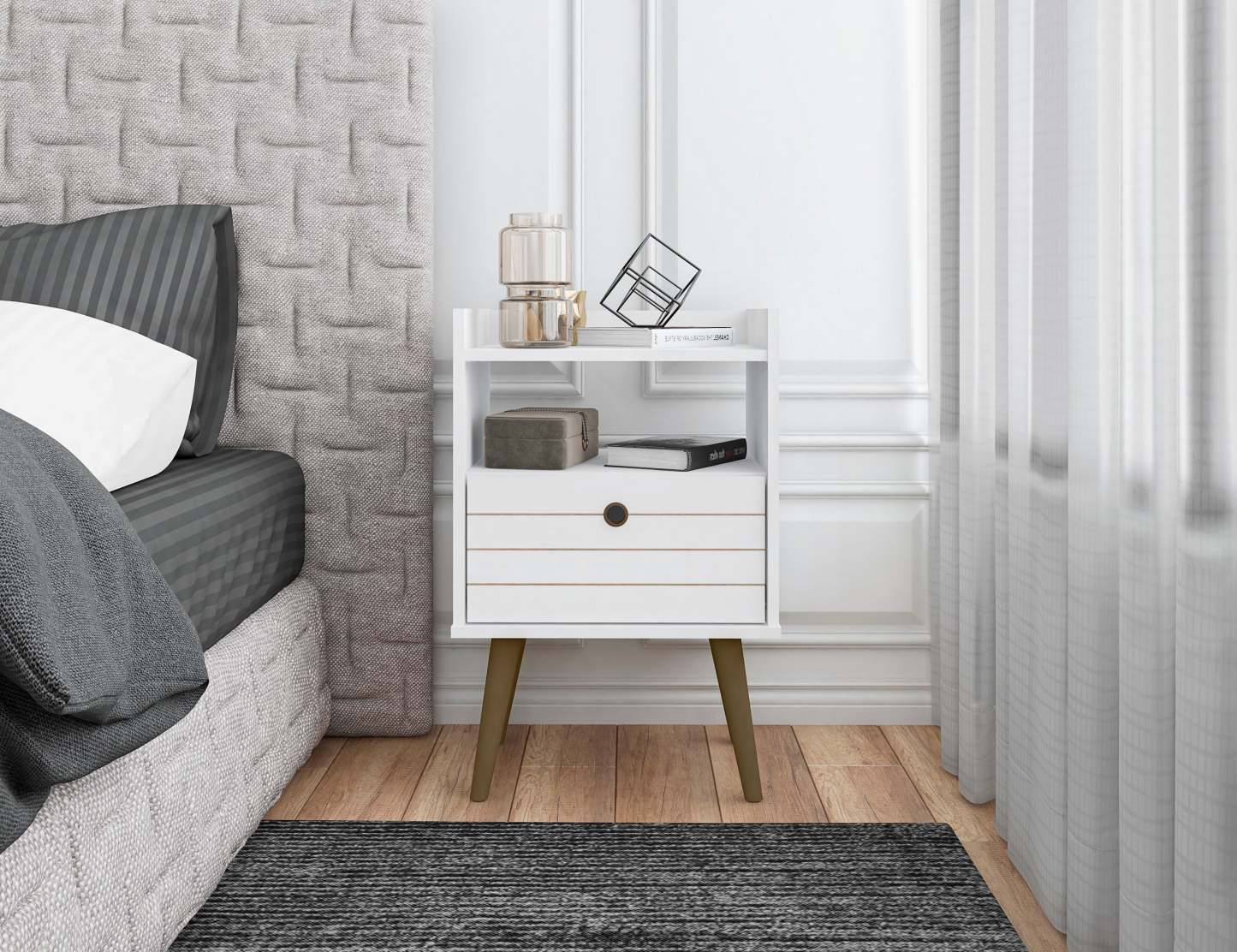 Manhattan Comfort Bogart Mid-Century Modern Nightstand - White &amp; Natural|Table de nuit Bogart de Manhattan Comfort de style moderne du milieu du 20e siècle - blanche et naturelle