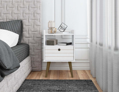 Manhattan Comfort Bogart Mid-Century Modern Nightstand - White &amp; Natural|Table de nuit Bogart de Manhattan Comfort de style moderne du milieu du 20e siècle - blanche et naturelle
