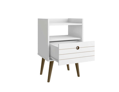 Manhattan Comfort Bogart Mid-Century Modern Nightstand - White &amp; Natural|Table de nuit Bogart de Manhattan Comfort de style moderne du milieu du 20e siècle - blanche et naturelle