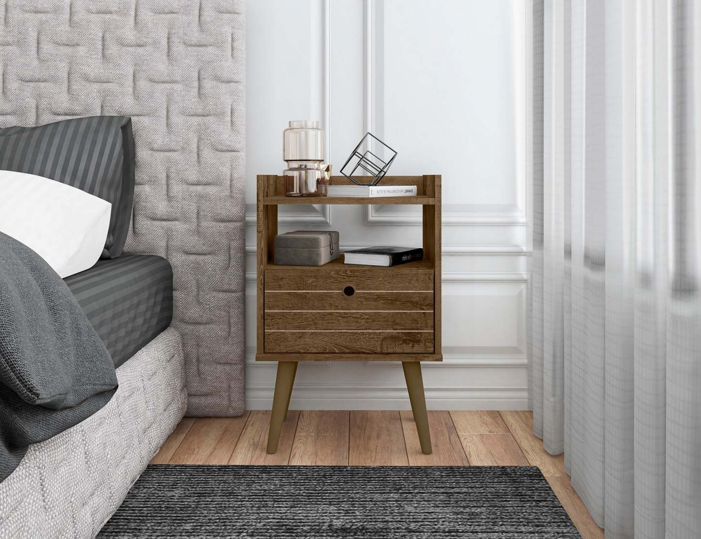 Manhattan Comfort Bogart Mid-Century Modern Nightstand - Rustic Brown &amp; Natural|Table de nuit Bogart de Manhattan Comfort de style moderne du milieu du 20e siècle - brun rustique et naturel
