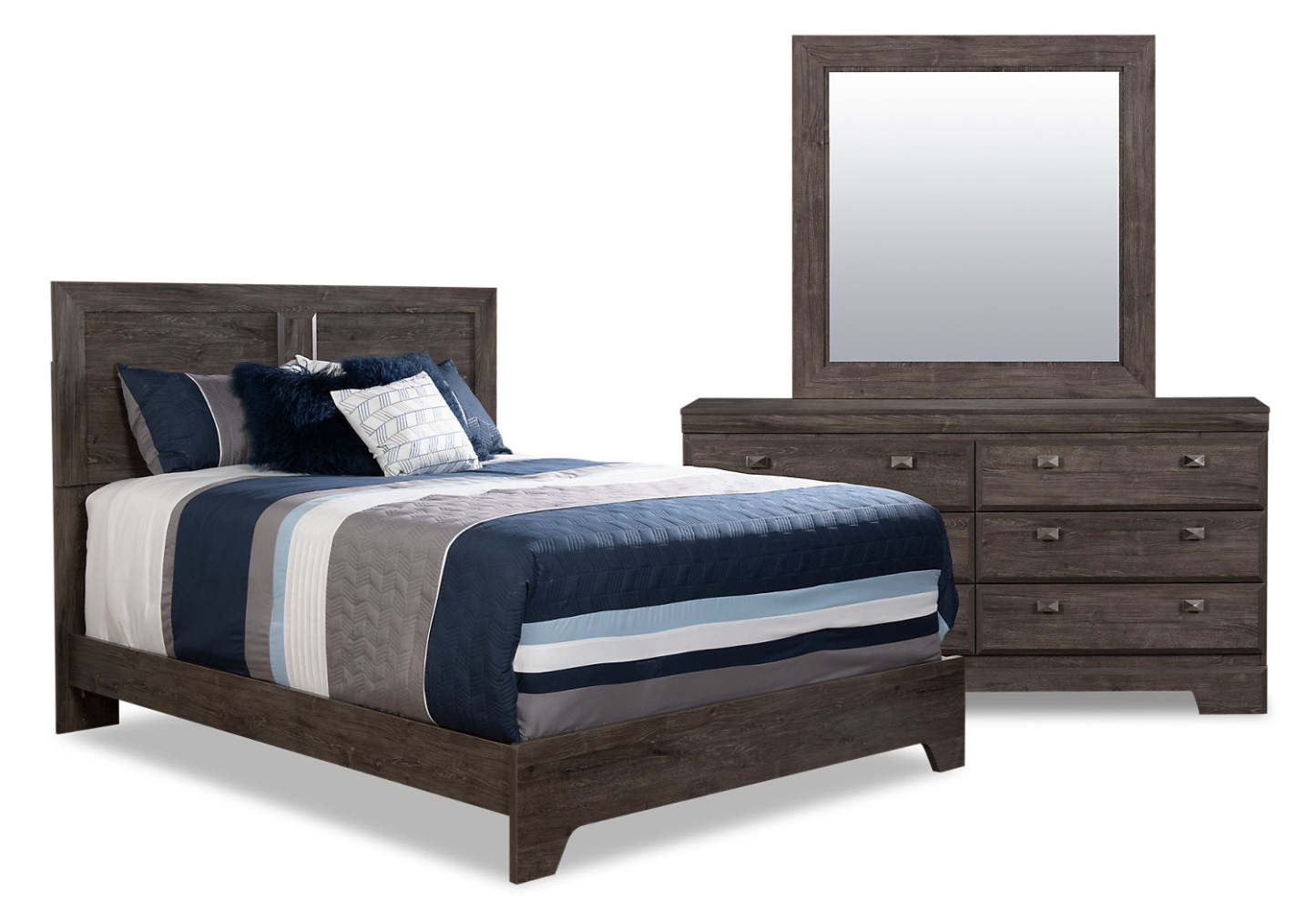 Ensemble de chambre à coucher Yorkdale 5 pièces avec lit à panneau, commode et miroir, gris - taille reine | Yorkdale 5pc Bedroom Set with Panel Bed, Dresser & Mirror, Grey - Queen Size…