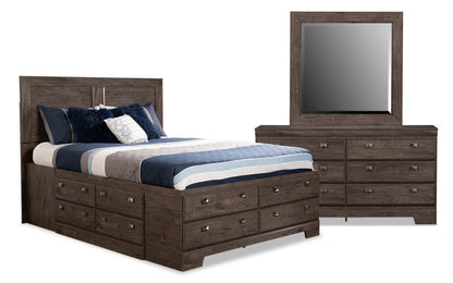 Ensemble de chambre à coucher Yorkdale 5 pièces avec lit de rangement à 12 tiroirs, commode et miroir, gris - Taille Queen