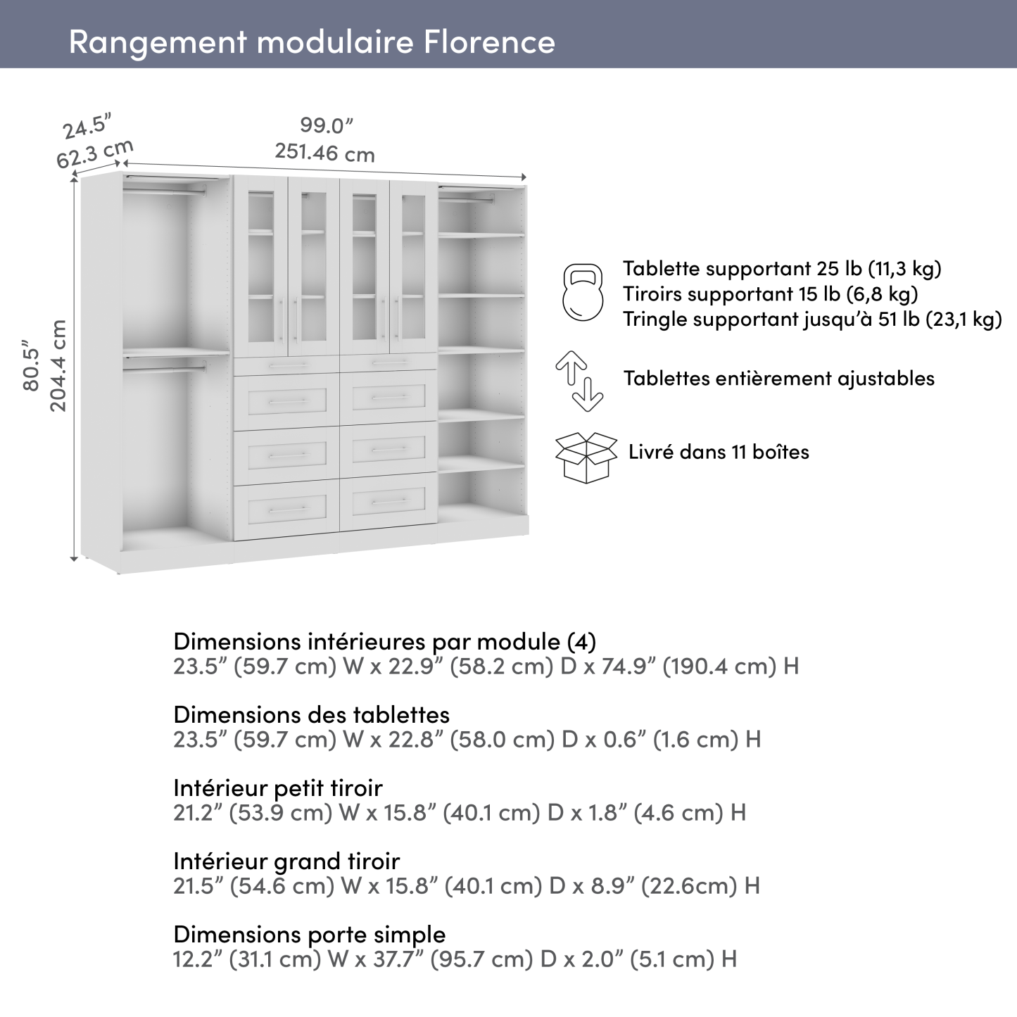 Système de pièce-penderie modulaire Florence de Bestar de 100 po avec éclairages à DEL, tringles, étagères, tiroirs et portes