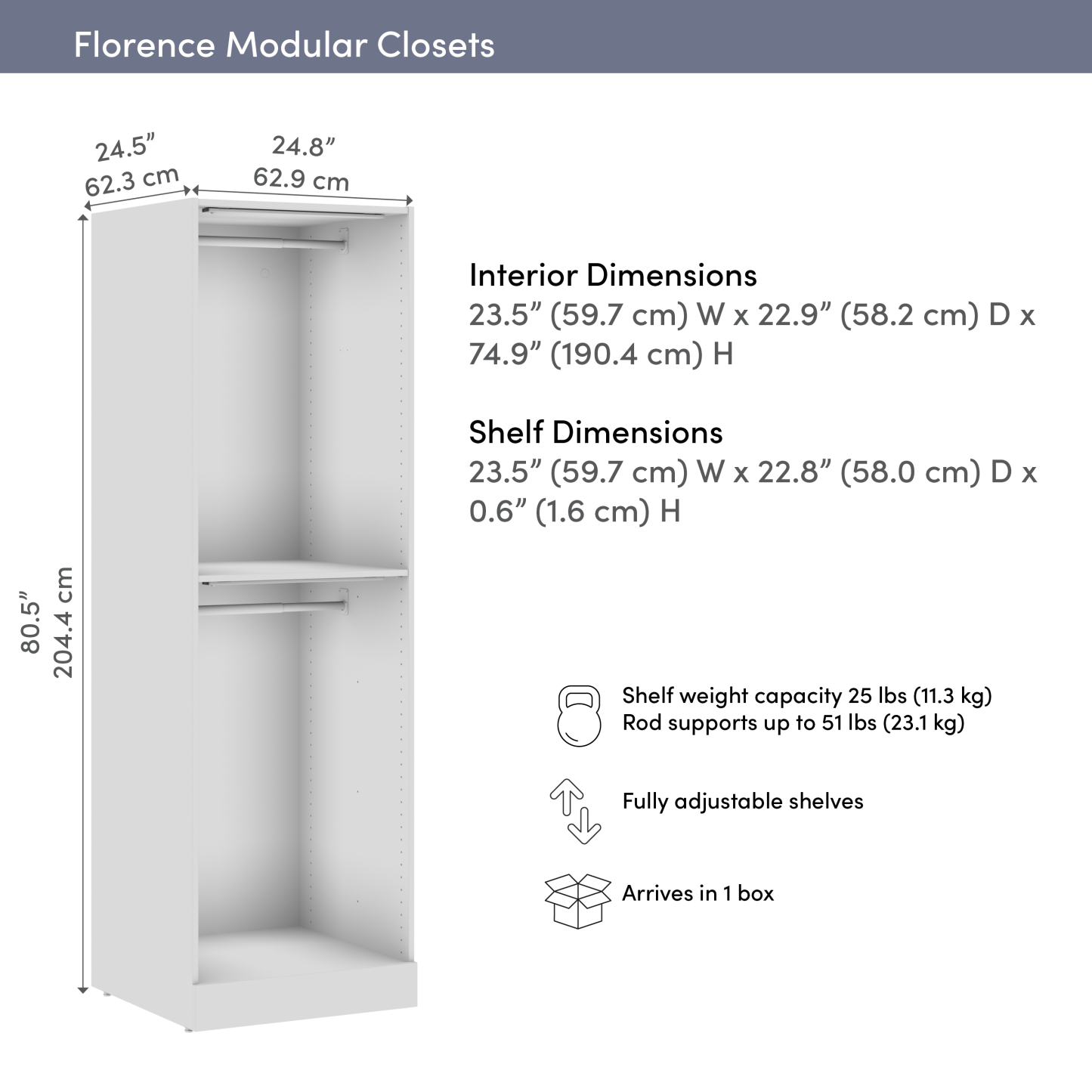 Bestar Florence 25 Système de garde-robe modulaire à 2 espaces pour suspendre avec éclairage à DEL - blanc