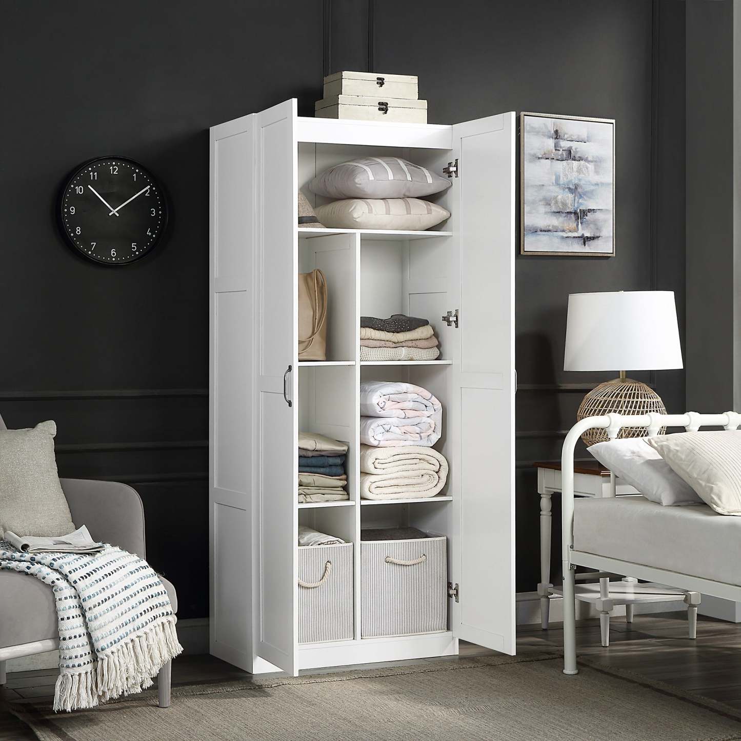 Manhattan Comfort Hopkins Modern Freestanding Storage Closet with 7 Shelves - White|Armoire de rangement autoportante moderne Hopkins de Manhattan Comfort avec 7 tablettes - grise