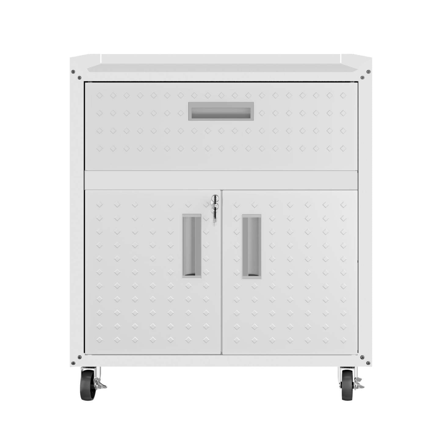 Manhattan Comfort Fortress Textured Metal 31.5 Garage Mobile Cabinet with Drawer &amp; 2 Adjustable Shelves - Blanc|Armoire mobile Fortress de Manhattan Comfort de 31,5 po en métal texturé avec tiroir et 2 tablettes réglables pour le garage - blanc