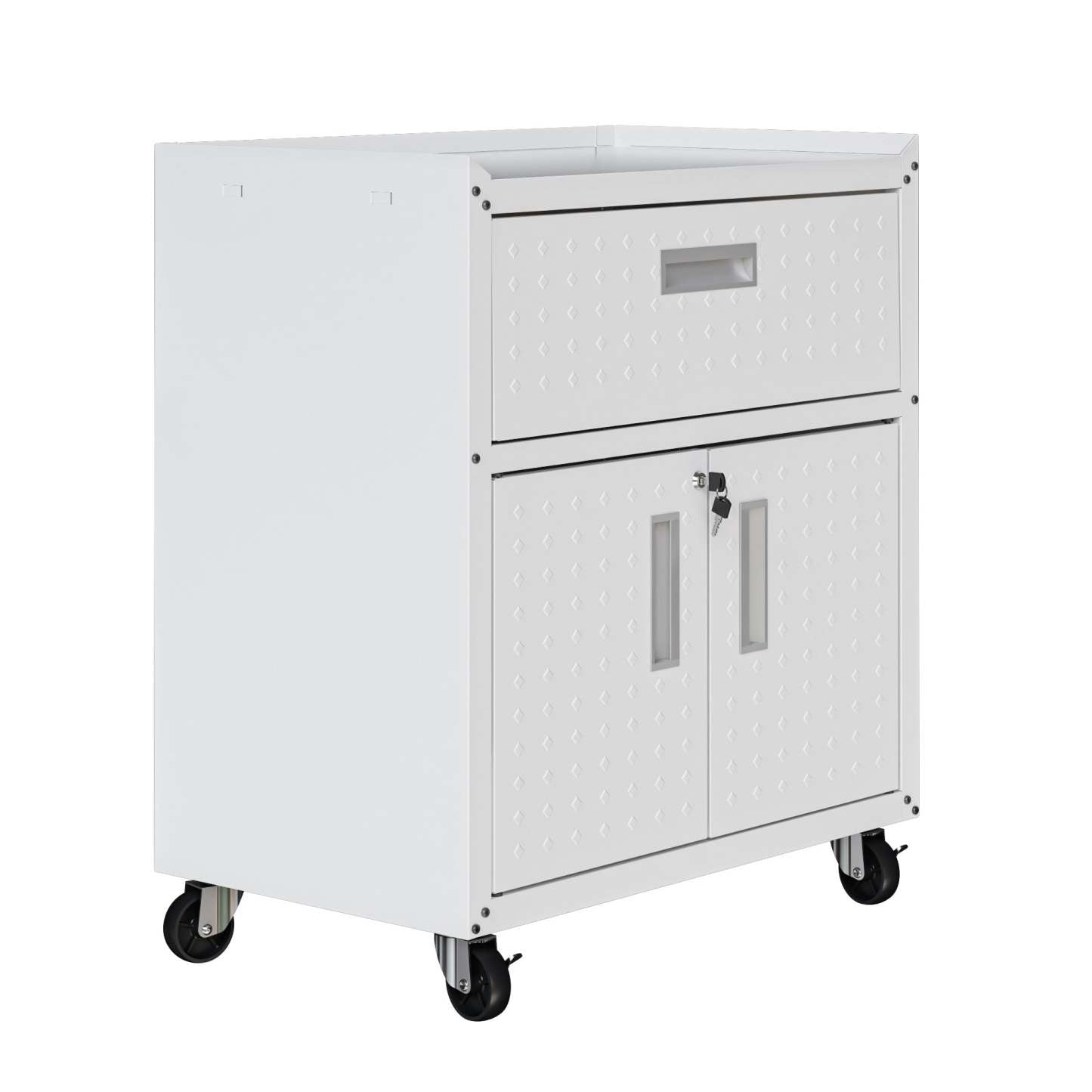 Manhattan Comfort Fortress Textured Metal 31.5 Garage Mobile Cabinet with Drawer &amp; 2 Adjustable Shelves - Blanc|Armoire mobile Fortress de Manhattan Comfort de 31,5 po en métal texturé avec tiroir et 2 tablettes réglables pour le garage - blanc