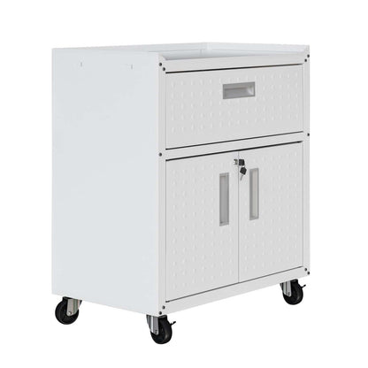 Manhattan Comfort Fortress Textured Metal 31.5 Garage Mobile Cabinet with Drawer &amp; 2 Adjustable Shelves - Blanc|Armoire mobile Fortress de Manhattan Comfort de 31,5 po en métal texturé avec tiroir et 2 tablettes réglables pour le garage - blanc