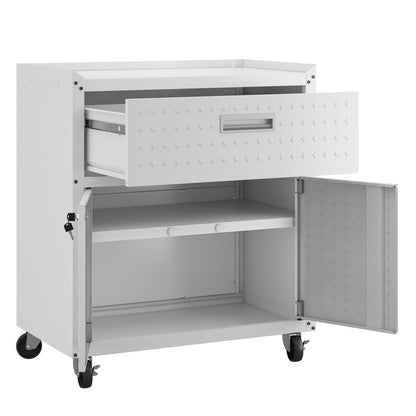 Manhattan Comfort Fortress Textured Metal 31.5 Garage Mobile Cabinet with Drawer &amp; 2 Adjustable Shelves - Blanc|Armoire mobile Fortress de Manhattan Comfort de 31,5 po en métal texturé avec tiroir et 2 tablettes réglables pour le garage - blanc