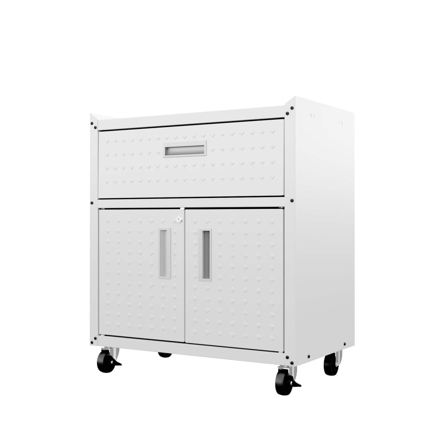Manhattan Comfort Fortress Textured Metal 31.5 Garage Mobile Cabinet with Drawer &amp; 2 Adjustable Shelves - Blanc|Armoire mobile Fortress de Manhattan Comfort de 31,5 po en métal texturé avec tiroir et 2 tablettes réglables pour le garage - blanc
