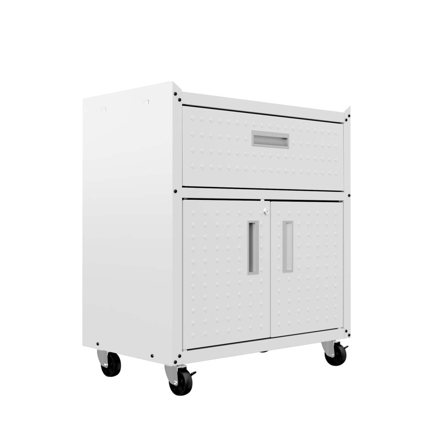 Manhattan Comfort Fortress Textured Metal 31.5 Garage Mobile Cabinet with Drawer &amp; 2 Adjustable Shelves - Blanc|Armoire mobile Fortress de Manhattan Comfort de 31,5 po en métal texturé avec tiroir et 2 tablettes réglables pour le garage - blanc