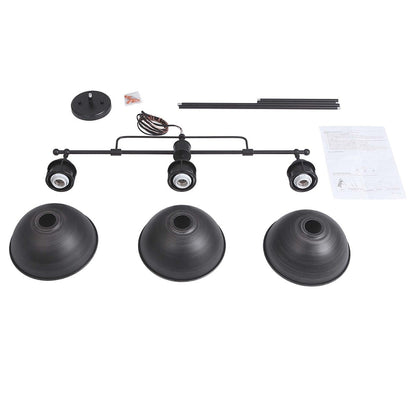 Suspension à trois lumières de style industriel/ferme, en métal, finition bronze huilé, pour îlot de cuisine.